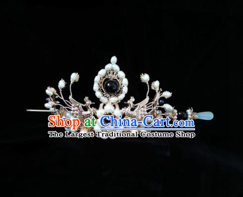 China Traditional Ancient Queen Hanfu Headwear Tang Dynasty Empress Golden Phoenix Hair Crown and Hairpin
