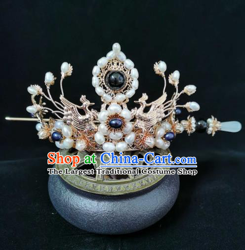 China Traditional Ancient Queen Hanfu Headwear Tang Dynasty Empress Golden Phoenix Hair Crown and Hairpin
