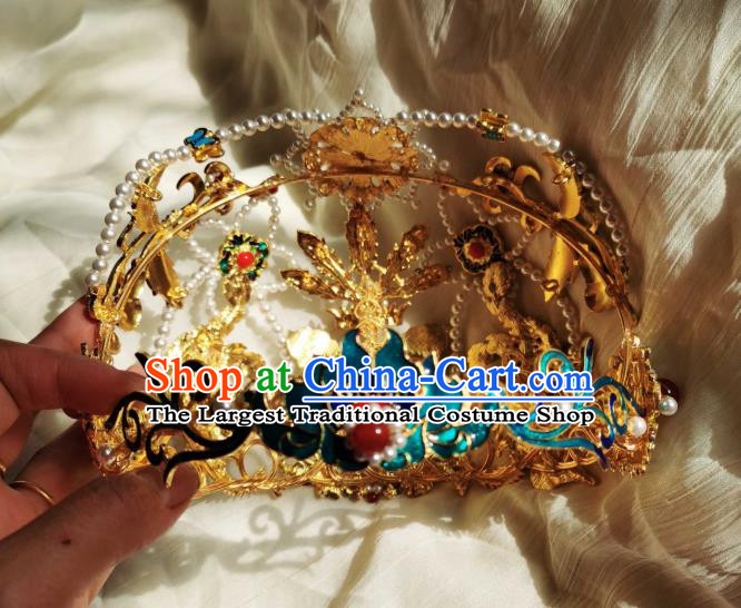 China Ancient Empress Blueing Phoenix Hairpin Traditional Hanfu Hair Accessories Ming Dynasty Court Pearls Hair Crown