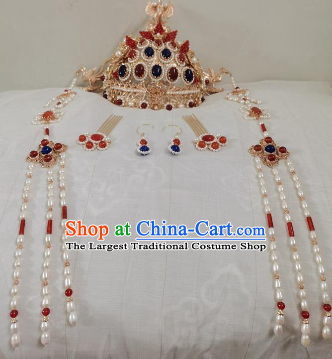 China Ming Dynasty Empress Gems Hair Crown Traditional Ancient Royal Queen Hair Accessories Golden Phoenix Coronet