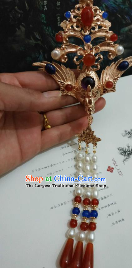 China Ancient Queen Golden Phoenix Hairpin Traditional Hanfu Hair Accessories Ming Dynasty Empress Tassel Hair Crown