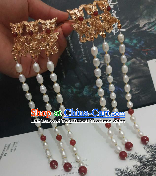 China Ancient Queen Golden Phoenix Hairpin Traditional Hanfu Hair Accessories Ming Dynasty Empress Pearls Tassel Hair Stick