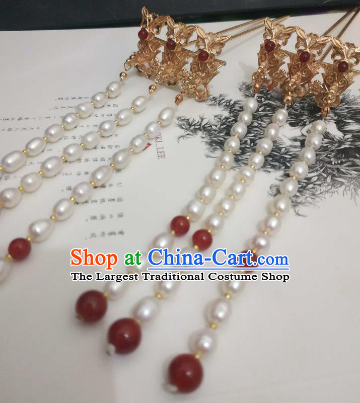 China Ancient Queen Golden Phoenix Hairpin Traditional Hanfu Hair Accessories Ming Dynasty Empress Pearls Tassel Hair Stick