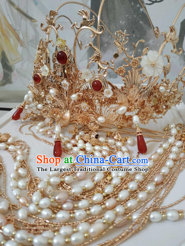 China Ancient Empress Golden Hair Crown Traditional Hanfu Hair Accessories Ming Dynasty Pearls Tassel Phoenix Coronet