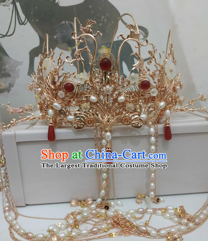 China Ancient Empress Golden Hair Crown Traditional Hanfu Hair Accessories Ming Dynasty Pearls Tassel Phoenix Coronet
