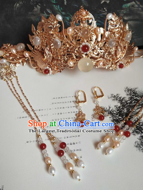 China Ancient Empress Tassel Hairpins Traditional Hanfu Hair Accessories Ming Dynasty Golden Hair Crown Complete Set