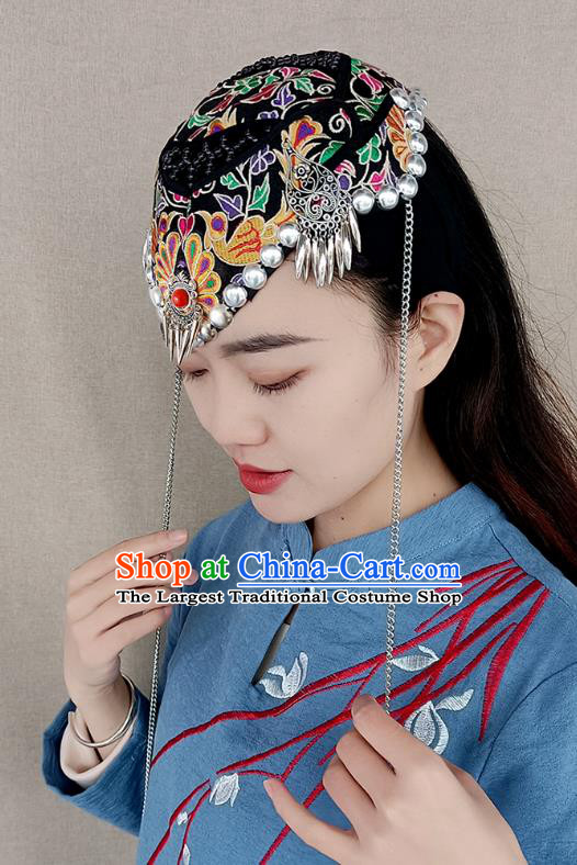 China Handmade Ethnic Folk Dance Headband Yunnan Minority Woman Black Embroidered Hat Silver Tassel Hair Accessories