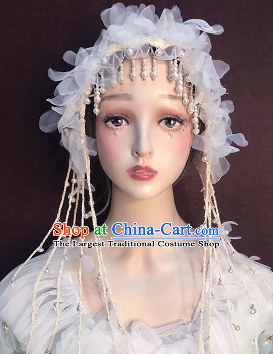 Top Baroque Bride Pearls Tassel Hair Accessories Stage Show White Veil Catwalks Headdress