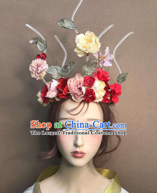 Top Baroque Silk Flowers Hair Crown Stage Show Giant Headdress Catwalks Hair Accessories Cosplay Flowers Fairy Headpiece