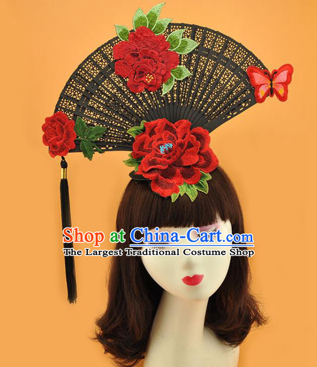 Chinese Cosplay Court Black Fan Top Hat Catwalks Deluxe Headdress Stage Show Embroidered Peony Hair Crown