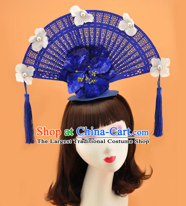 Chinese Catwalks Deluxe Headdress Stage Show Royalblue Fan Tassel Hair Crown Court Tassel Top Hat