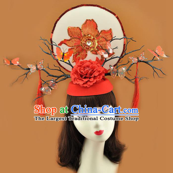 Chinese Stage Show Red Sequins Peony Hair Crown Court Butterfly Branch Top Hat Catwalks Deluxe Tassel Headdress
