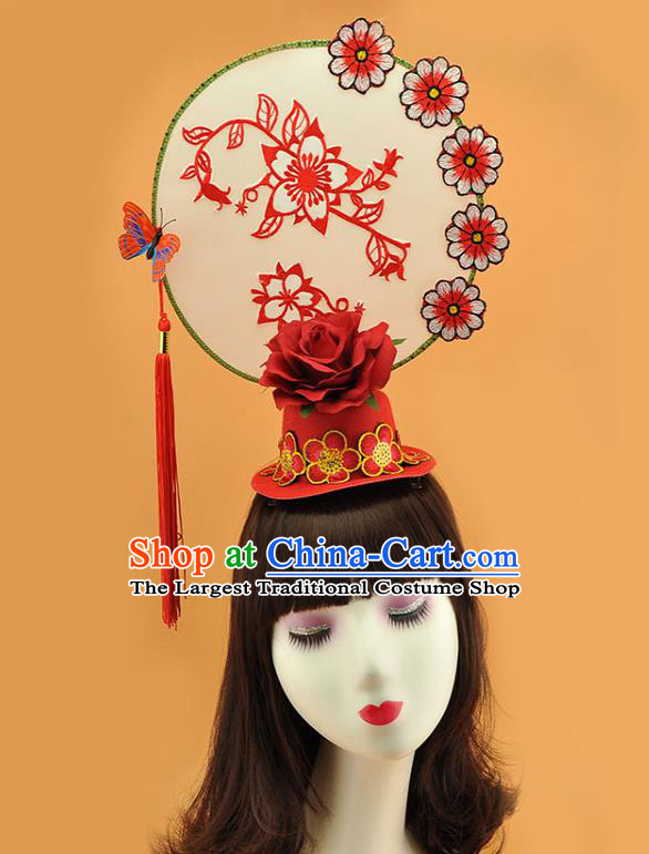 Chinese Traditional Court Red Rose Top Hat Catwalks Deluxe Headpiece Stage Show Tassel Hair Crown