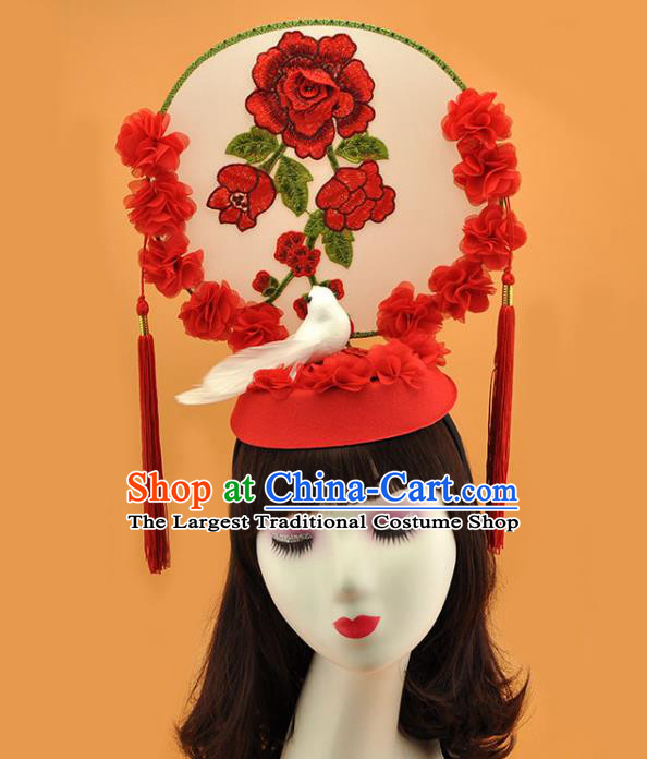 Chinese Stage Show Pigeon Hair Crown Court Embroidered Red Flowers Top Hat New Year Catwalks Deluxe Headwear