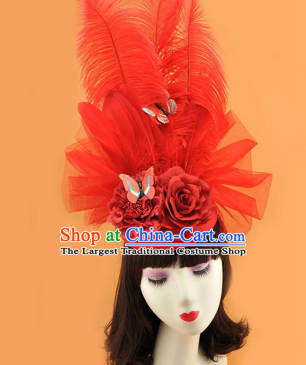 Top Miami Red Feathers Headdress Cosplay Party Hair Accessories Rio Carnival Royal Crown Halloween Fancy Ball Hat