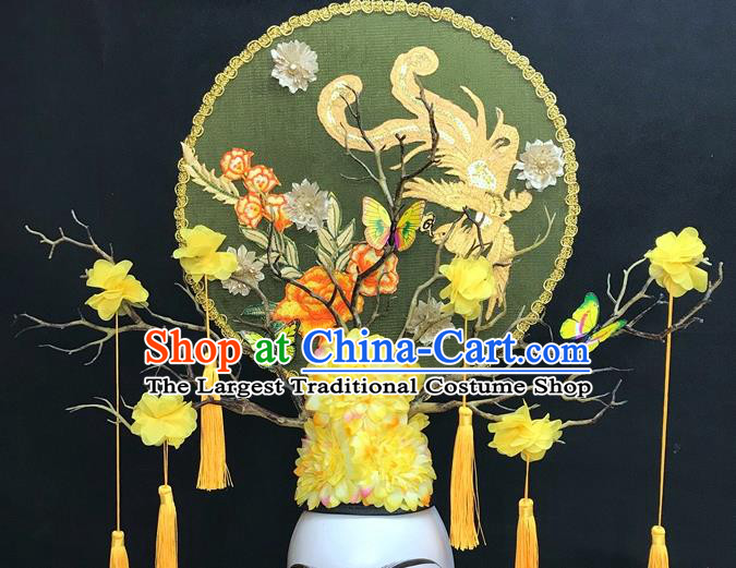 Chinese Qipao Stage Show Embroidered Phoenix Hair Crown Traditional Court Yellow Flowers Top Hat Handmade Catwalks Deluxe Headpiece