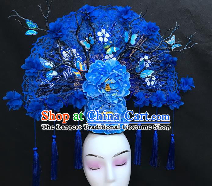 Chinese Traditional Court Giant Blue Peony Fan Top Hat Handmade Catwalks Deluxe Lace Headwear Qipao Stage Show Hair Crown