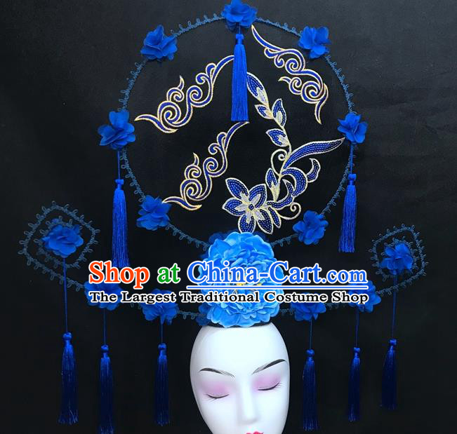 Chinese Handmade Catwalks Deluxe Headwear Qipao Stage Show Tassel Hair Crown Traditional Court Giant Blue Peony Top Hat