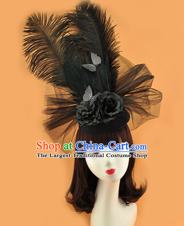 Top Brazilian Carnival Royal Crown Halloween Fancy Ball Hat Miami Black Feathers Headdress Cosplay Party Hair Accessories