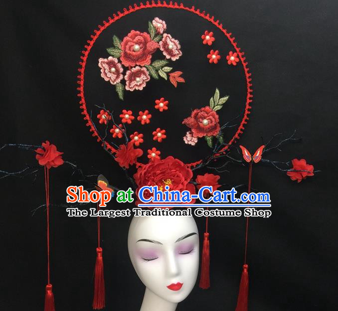 Chinese Traditional Court Giant Embroidered Top Hat Handmade Catwalks Deluxe Fan Headwear Qipao Stage Show Peony Hair Crown