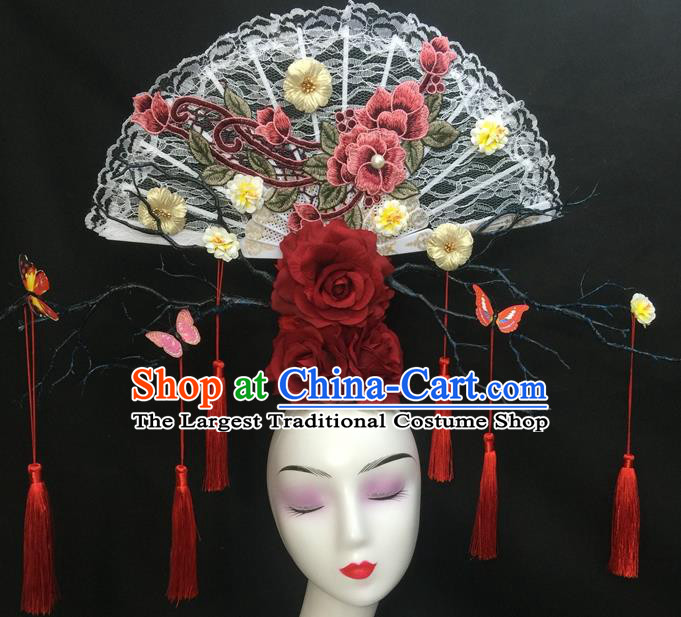 Chinese Qipao Stage Show White Lace Fan Hair Crown Traditional Court Giant Embroidered Peony Top Hat Handmade Catwalks Deluxe Headwear
