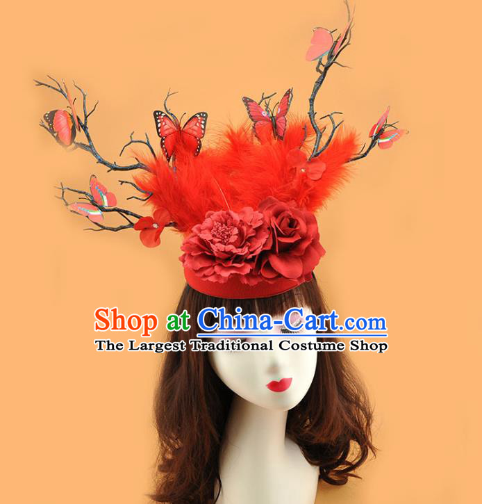 Top Cosplay Party Hair Accessories Brazilian Carnival Feather Royal Crown Halloween Fancy Ball Branch Hat Miami Red Butterfly Headdress
