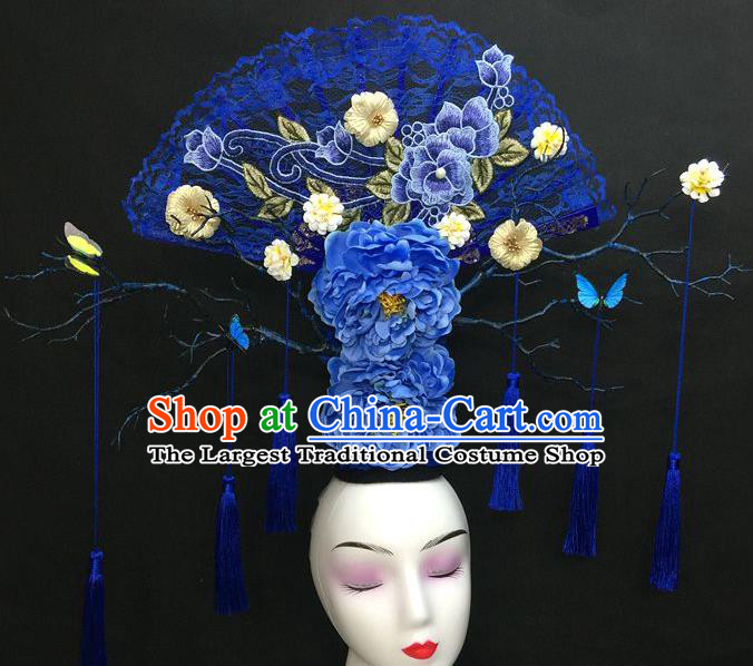 Chinese Traditional Court Giant Lace Fan Top Hat Handmade Catwalks Deluxe Blue Peony Headwear Qipao Stage Show Tassel Hair Crown
