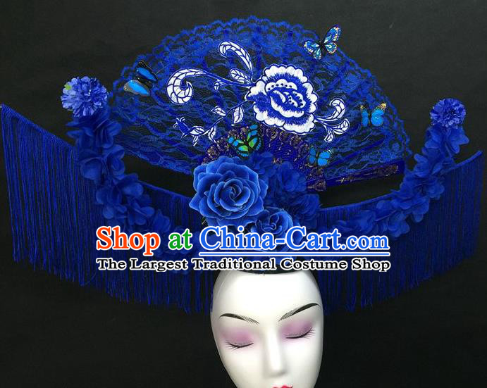 Chinese Qipao Stage Show Embroidered Peony Hair Crown Traditional Court Giant Blue Lace Fan Top Hat Handmade Catwalks Deluxe Tassel Fashion Headwear