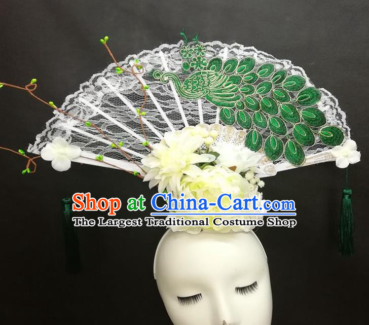 Chinese Cheongsam Catwalks Lace Fan Headwear Handmade Fashion Show Giant Hair Crown Traditional Stage Court Deluxe Green Peacock Top Hat