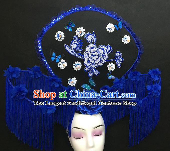 Chinese Qipao Stage Show Embroidered Hair Crown Traditional Court Giant Fan Top Hat Handmade Catwalks Deluxe Tassel Fashion Headwear