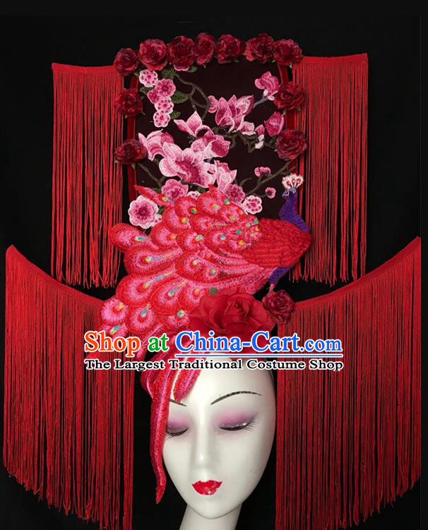 Chinese Catwalks Giant Fashion Headpiece Handmade Cheongsam Stage Show Tassel Hair Crown Traditional Court Red Peacock Hair Clasp