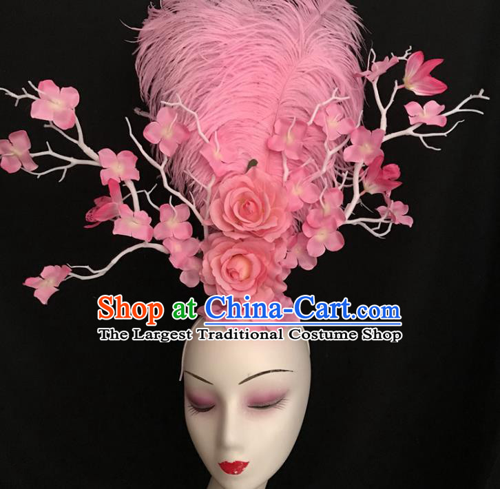 Top Brazil Parade Headdress Halloween Cosplay Hair Accessories Catwalks Pink Feather Royal Crown Rio Carnival Rose Hair Clasp