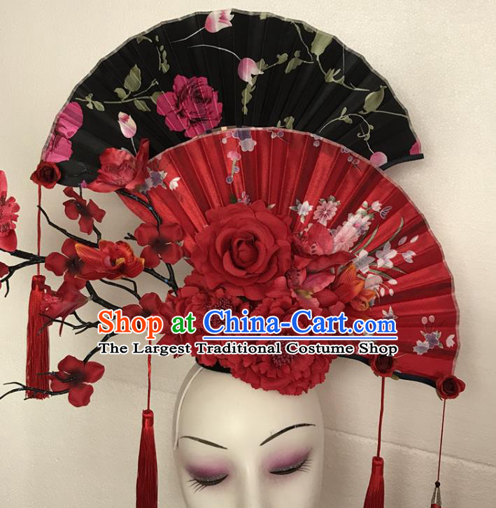 China Traditional Court Fan Hair Clasp Handmade Catwalks Giant Fashion Headwear Cheongsam Show Tassel Hair Crown