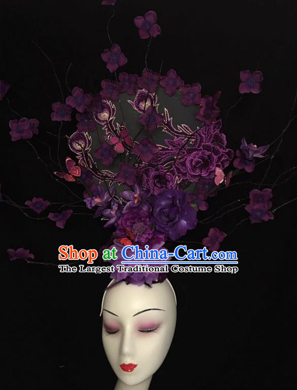 China Cheongsam Show Embroidered Phoenix Fan Hair Crown Traditional Court Purple Peony Hair Clasp Handmade Catwalks Giant Fashion Headdress