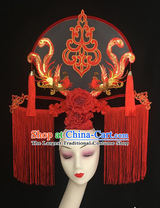 China Court Phoenix Fan Hair Clasp Catwalks Fashion Red Tassel Headdress Handmade Bride Giant Headwear Cheongsam Show Hair Crown