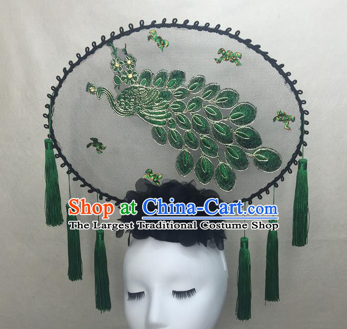 Chinese Traditional Stage Court Embroidered Peacock Top Hat Cheongsam Catwalks Deluxe Headwear Handmade Fashion Show Giant Hair Crown