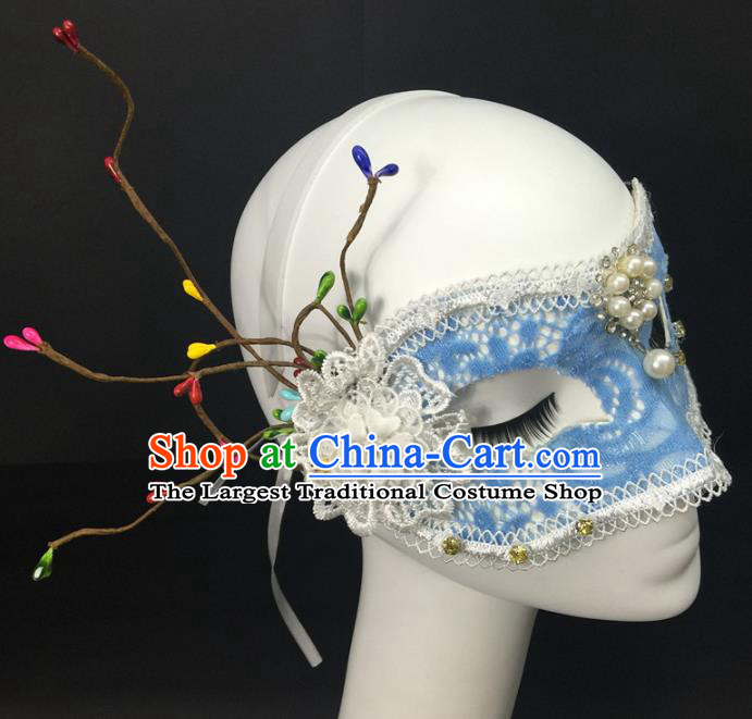 Handmade Costume Party Pearls Blinder Headpiece Rio Carnival Blue Lace Face Mask Halloween Cosplay Show Feather Mask