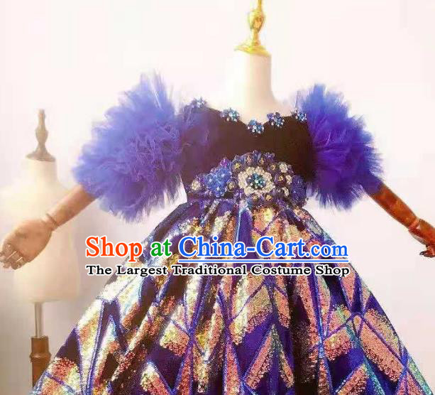 Custom Brazil Parade Blue Full Dress Children Catwalks Dance Garment Costume Girl Princess Stage Show Sequins Clothing
