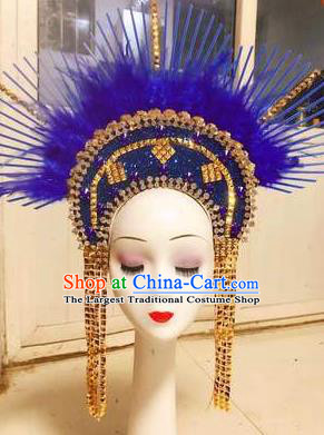 Top Baroque Bride Hat Brazil Parade Headdress Halloween Cosplay Queen Hair Accessories Catwalks Blue Feather Royal Crown