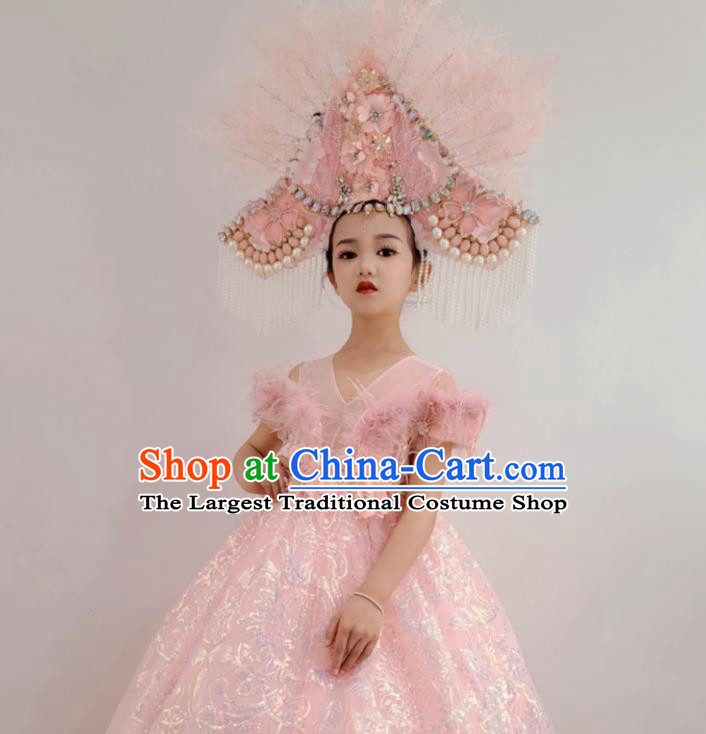 Customized Children Catwalks Garment Costume Girl Stage Show Clothing Brazil Parade Dance Trailing Full Dress and Pink Feather Headwear