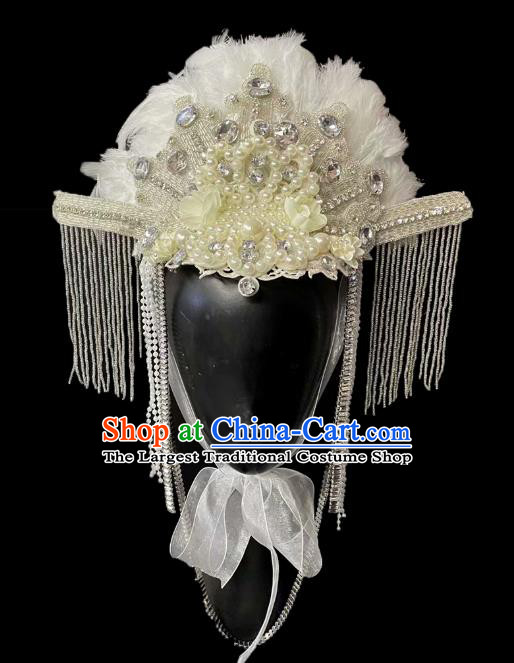 Top Carnival Parade Headdress Baroque Queen Pearls Hat Cosplay Hair Accessories Halloween Catwalks White Feather Royal Crown