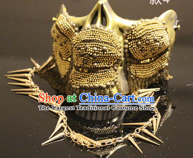 Handmade Brazil Carnival Golden Mask Halloween Cosplay Tassel Face Mask Costume Party Gothic Rivet Headpiece
