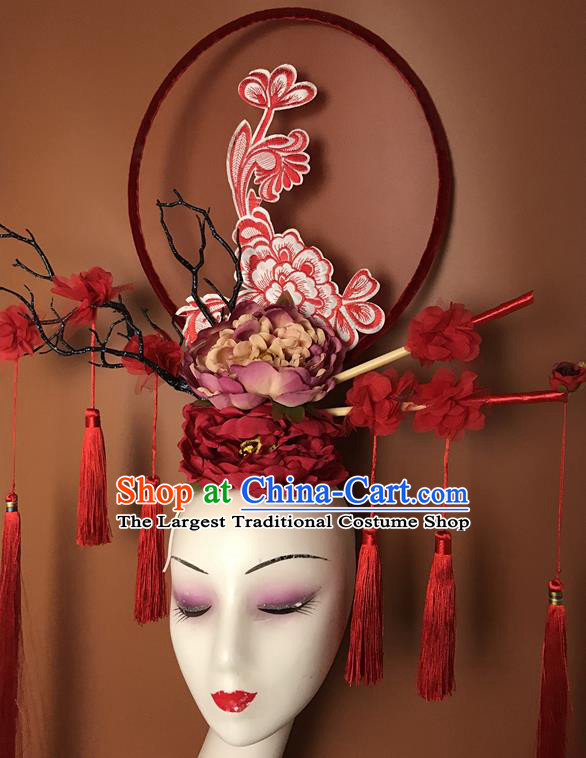 China Handmade Wedding Fashion Headwear Stage Show Tassel Hair Crown Court Peony Flowers Hair Clasp Qipao Catwalks Bride Headdress