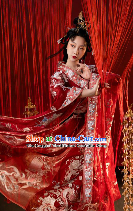 China Ancient Palace Beauty Embroidered Red Hanfu Dress Clothing Traditional Northern Southern Dynasties Princess Historical Garment Costumes