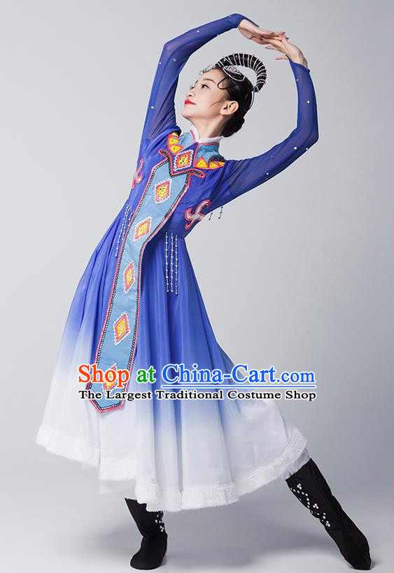 China Mongolian Nationality Folk Dance Clothing Mongol Ethnic Stage Performance Garments Evenki Dance Blue Dress