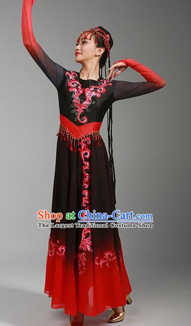 China Uygur Nationality Stage Performance Clothing Xinjiang Ethnic Dance Garments Uyghur Minority Folk Dance Black Dress