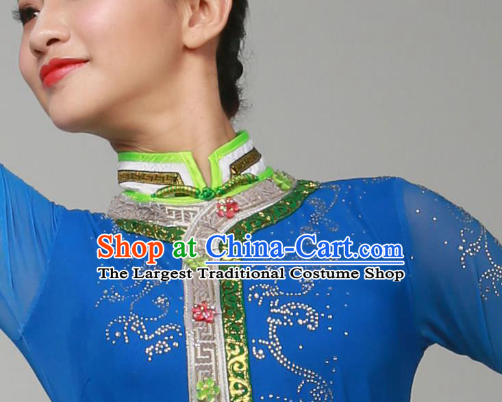 China Mongol Nationality Dance Clothing Mongolian Ethnic Stage Performance Garments Minority Folk Dance Blue Dress