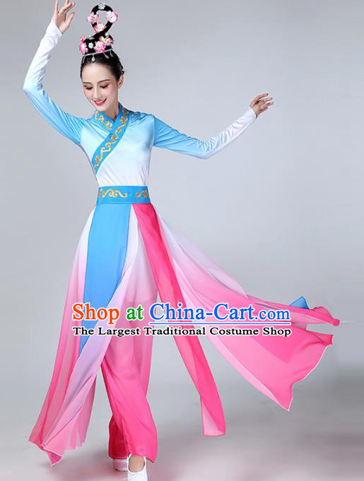 Top Chinese Woman Fan Dance Garment Costume Traditional Stage Performance Clothing Classical Umbrella Dance Blue Dress