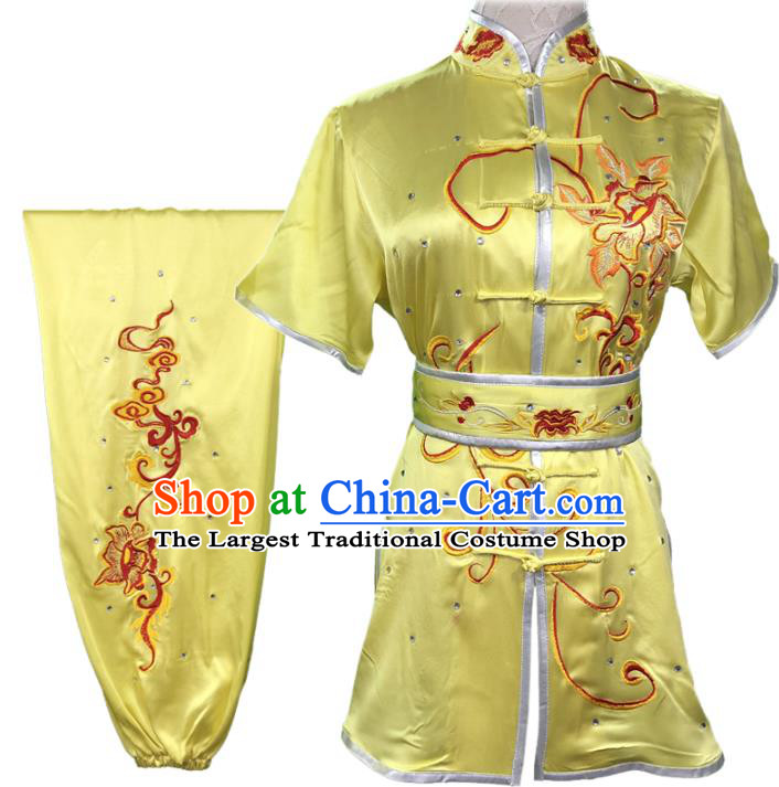 Chinese Kung Fu Training Garment Costumes Martial Arts Wushu Embroidered Peony Yellow Outfits Kungfu Competition Short Sleeve Clothing