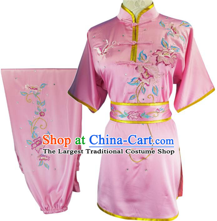 Chinese Kungfu Competition Clothing Chang Boxing Training Garment Costumes Martial Arts Wushu Embroidered Peony Pink Outfits